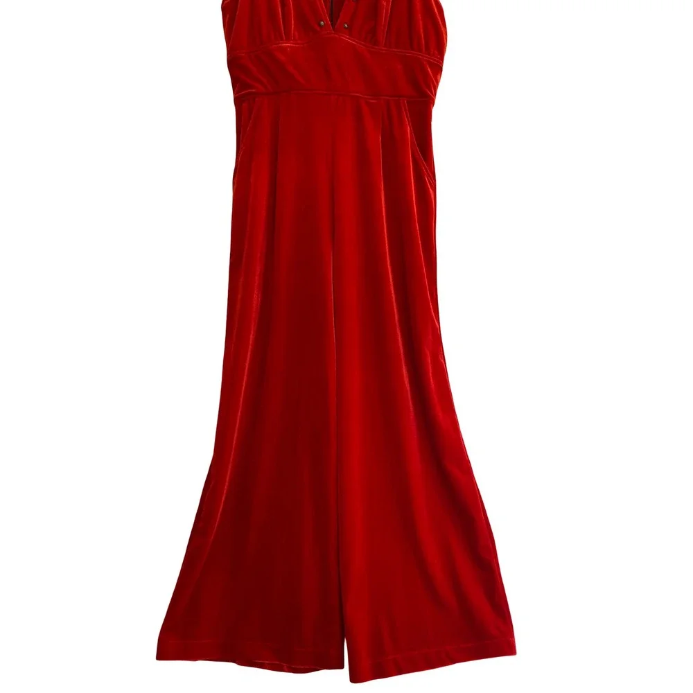VTG Silverado Womens Red Velvet Studded V-Neck Wide Leg Jumpsuit S Western Glam